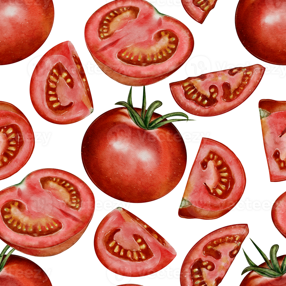 Watercolor seamless pattern with whole and sliced tomatoes. Perfect for packaging, textiles, wallpapers, restaurant design, and culinary projects. png