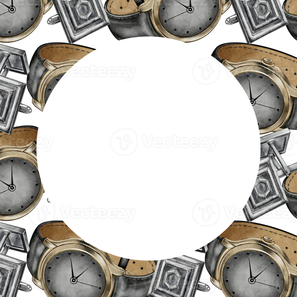Watercolor round frame with watches and cufflinks, empty center for text. Suitable for men's branding, invitations, packaging, and accessory advertising. png