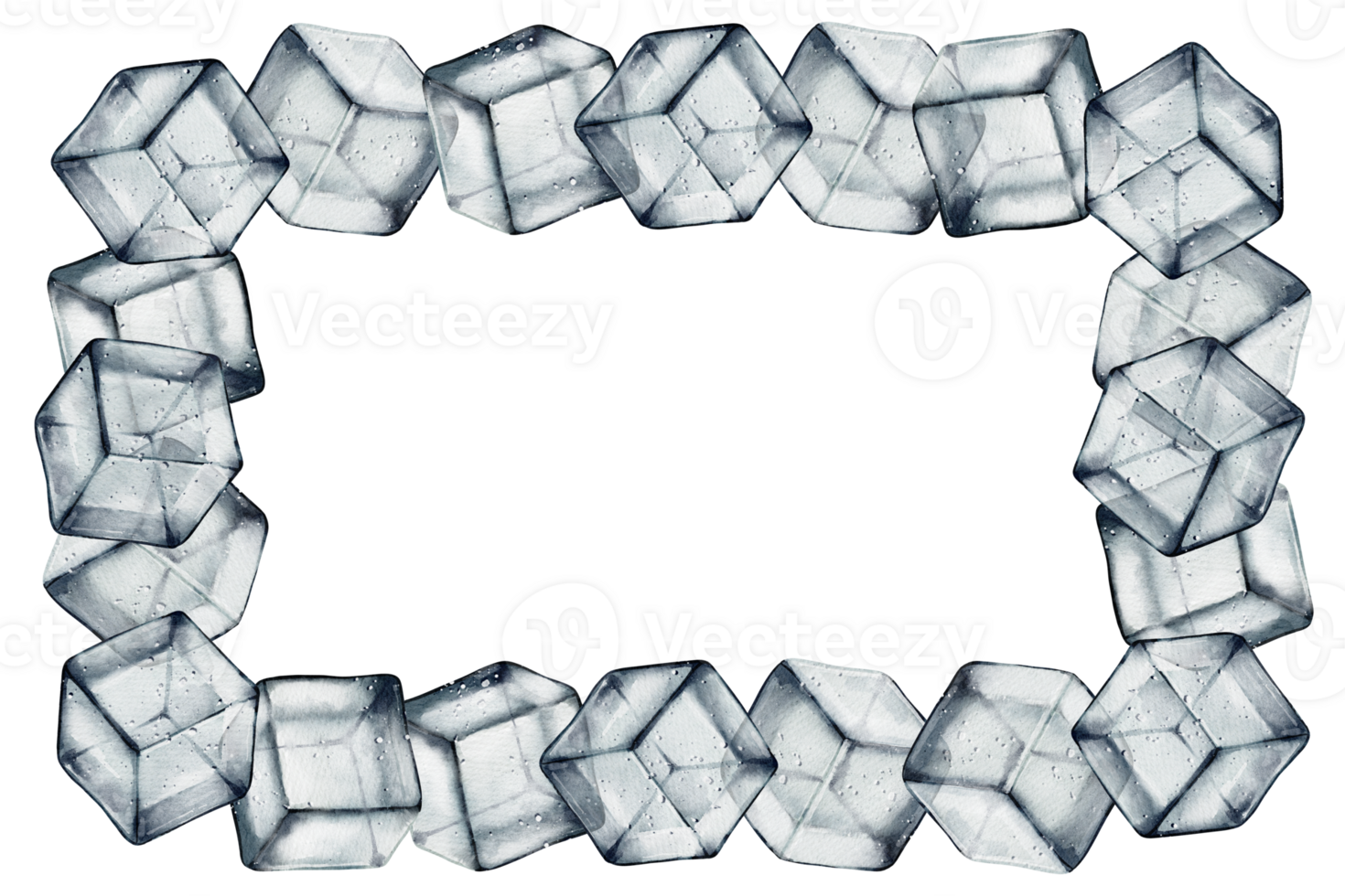 Watercolor frame of ice cubes with empty space in the center for text. Perfect for menu design, packaging, branding, and beverage advertising. png