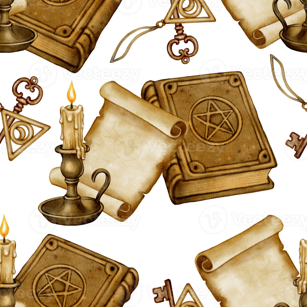 Seamless pattern with ancient spell book, candle in holder, scroll, and alchemical symbols. Hand-drawn watercolor illustration on white background. Ideal for fabric, wrapping paper, and fantasy design png