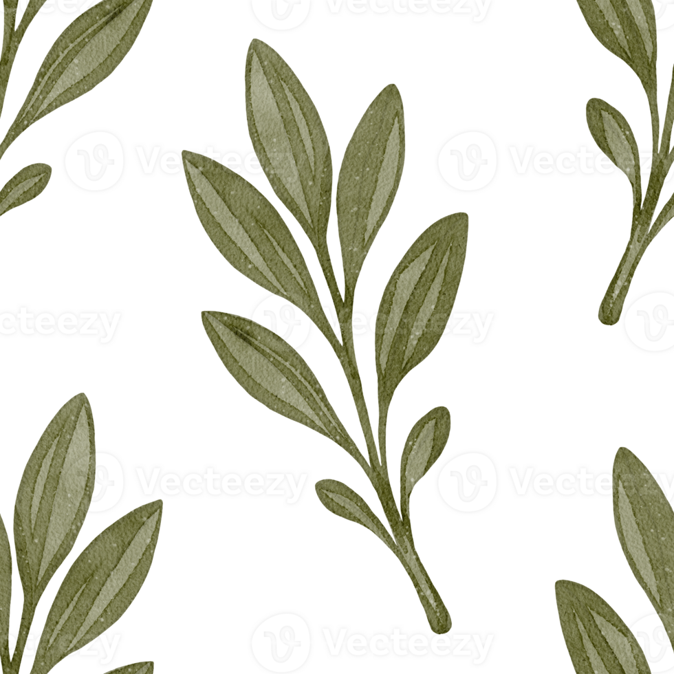 Seamless pattern with green leafy branches hand-painted in watercolor style. Repeated botanical elements on white background. Perfect for fabric, packaging, and eco design projects. png