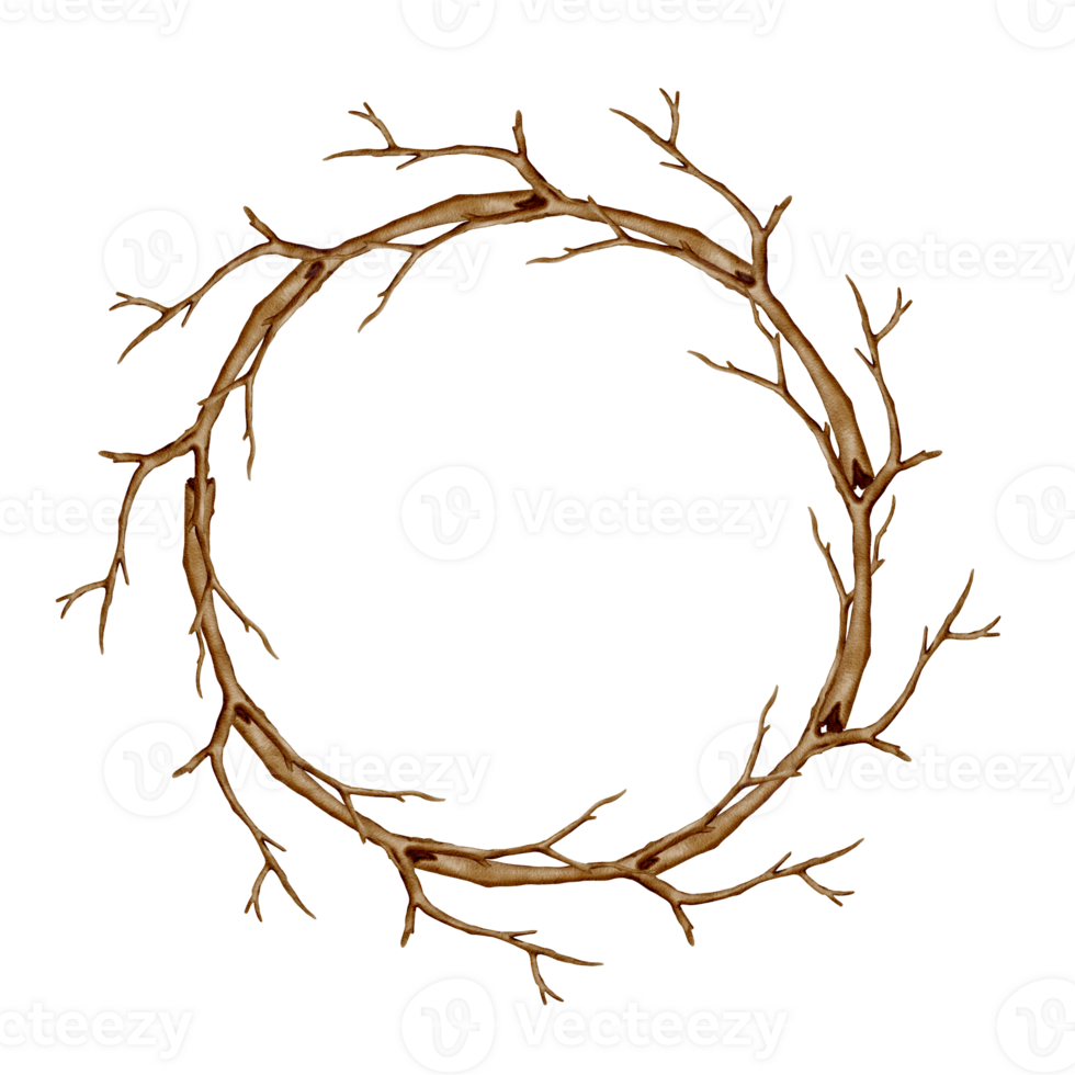 Wreath made of dry tree branches, arranged in a circular shape. Watercolor drawing with clean white background. Perfect for invitations, Halloween designs, rustic decor, and seasonal illustrations. png