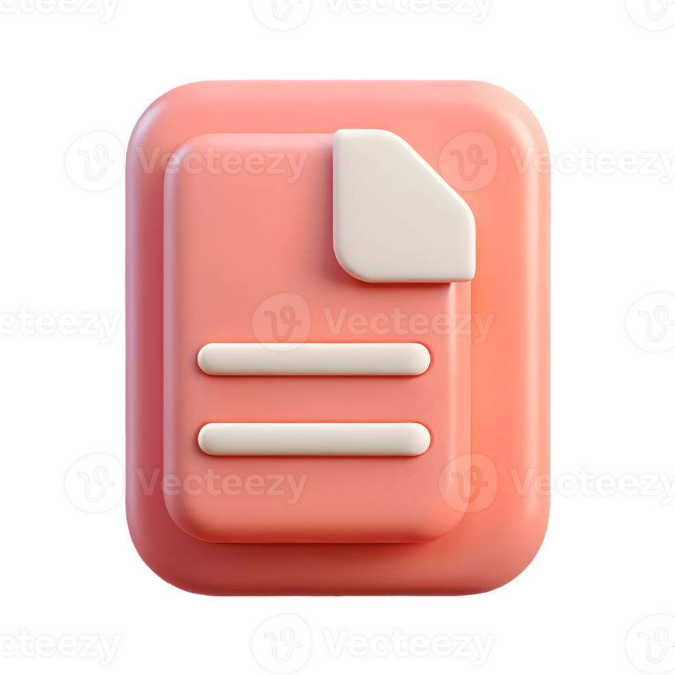 3D rendered document icon with a coral colored background and white lines symbolizing text or a file on a transparent background png
