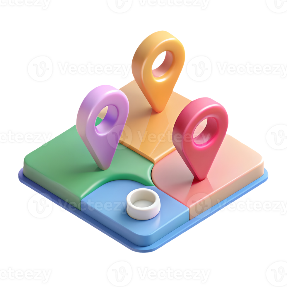 Colorful 3D location pins on a map puzzle piece perfect for navigation and travel concepts on a transparent background png