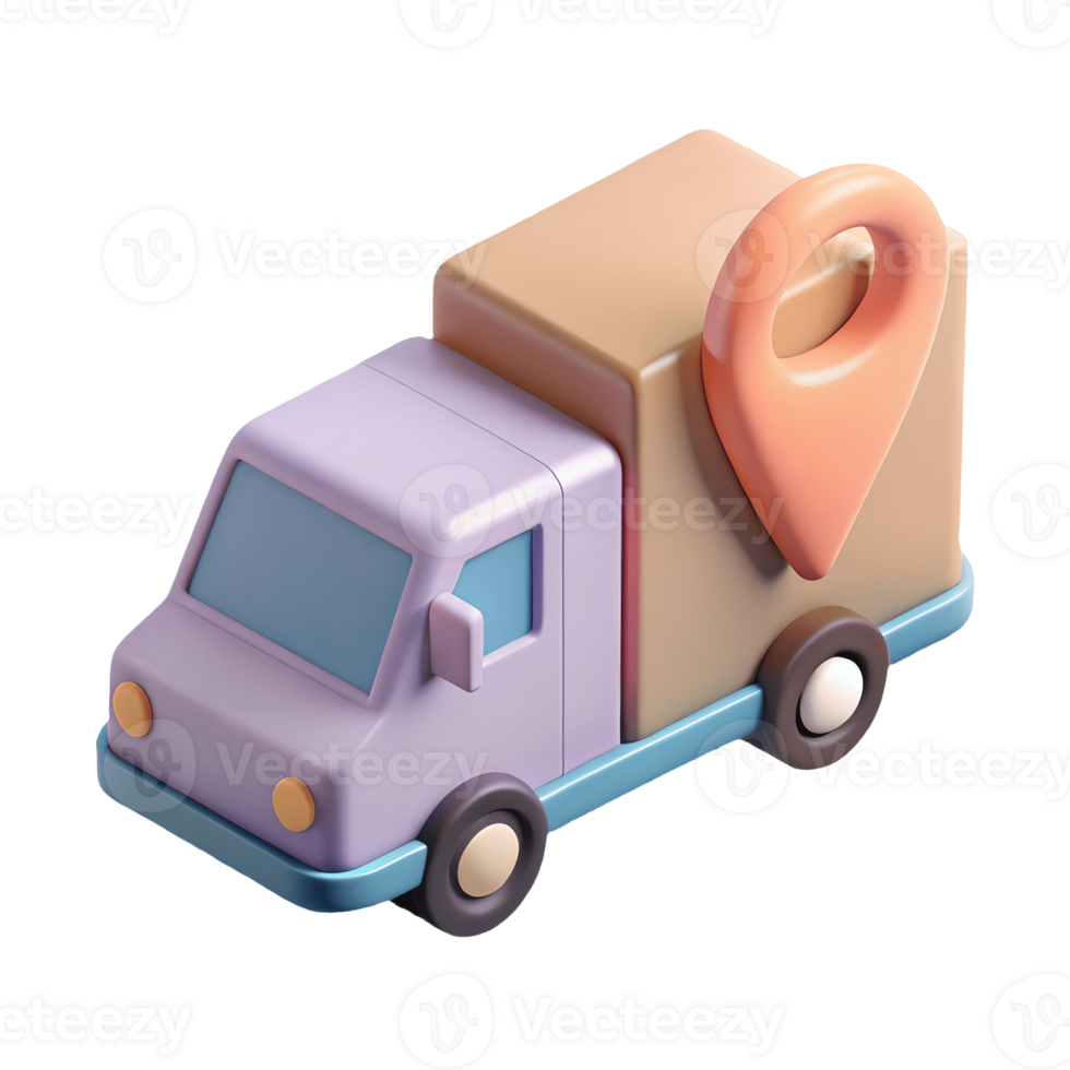 Cute 3D delivery truck with a pastel color scheme and a location pin symbol on the side perfect for logistics and delivery service illustrations on a transparent background png