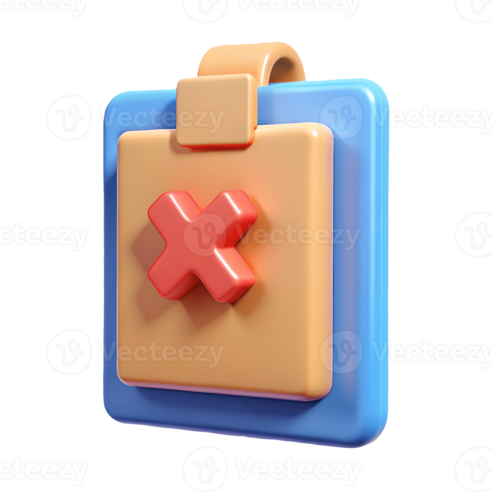 3D Clipboard with Red X Mark on a transparent background png