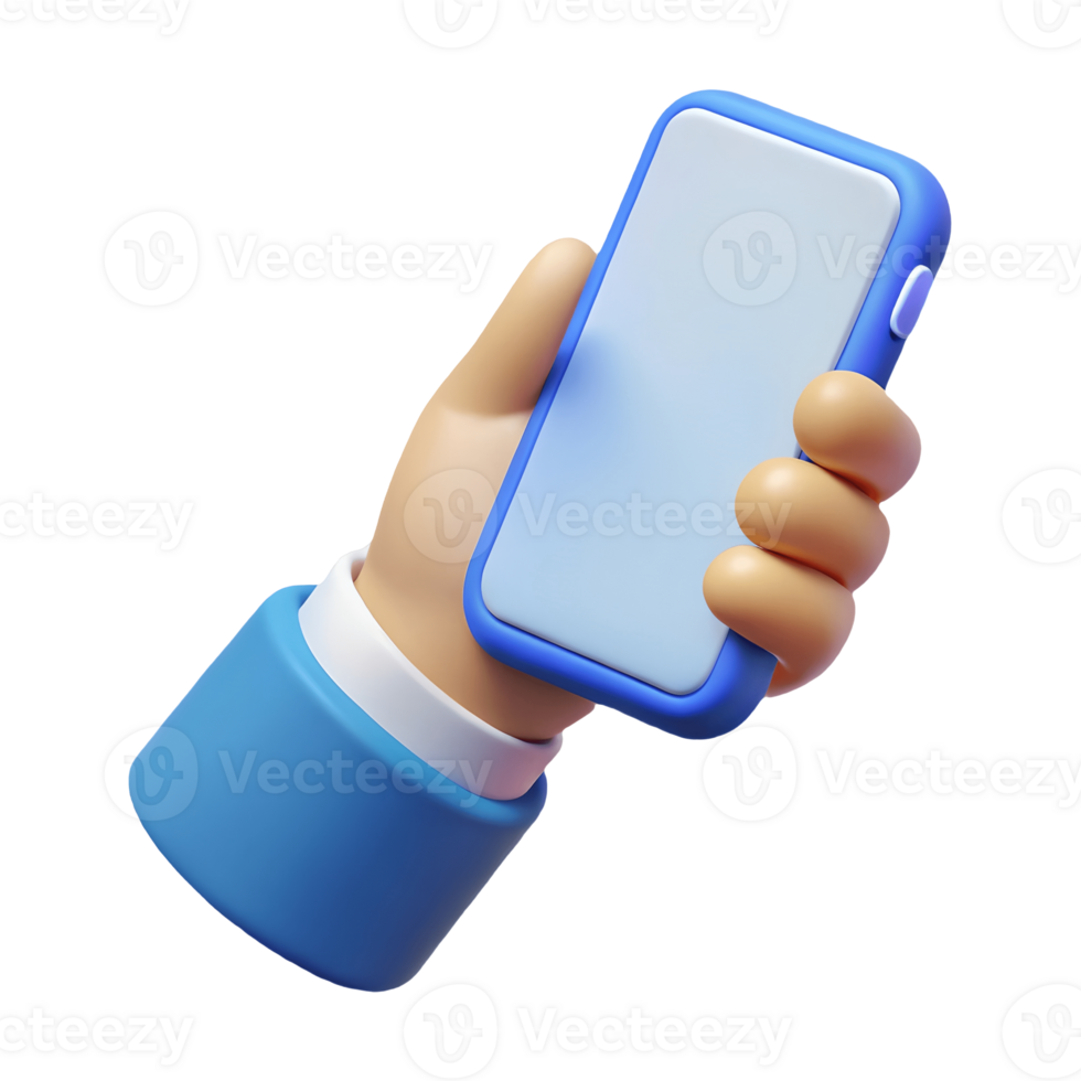 3D rendered hand in a blue sleeve holding a modern smartphone with a blank screen on a transparent background png