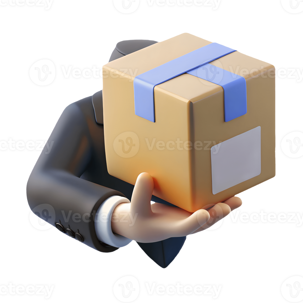 3D rendering of a hand in a suit holding a cardboard box with blue straps ready for delivery on a transparent background png
