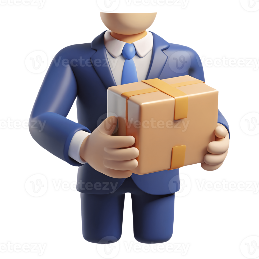 3D businessman in a blue suit holding a cardboard box with tape ready for delivery or shipping on a transparent background png
