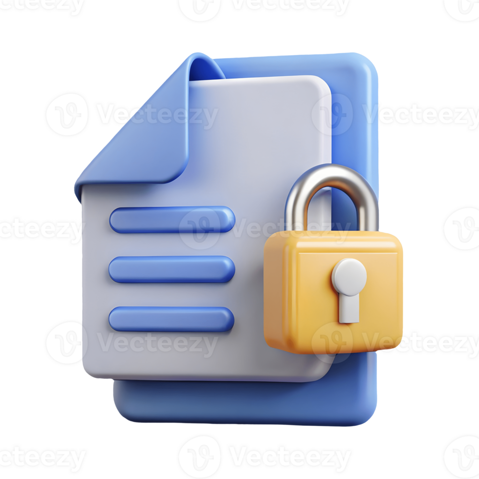 3D document icon with a yellow lock symbolizing secure file protection on a transparent background png
