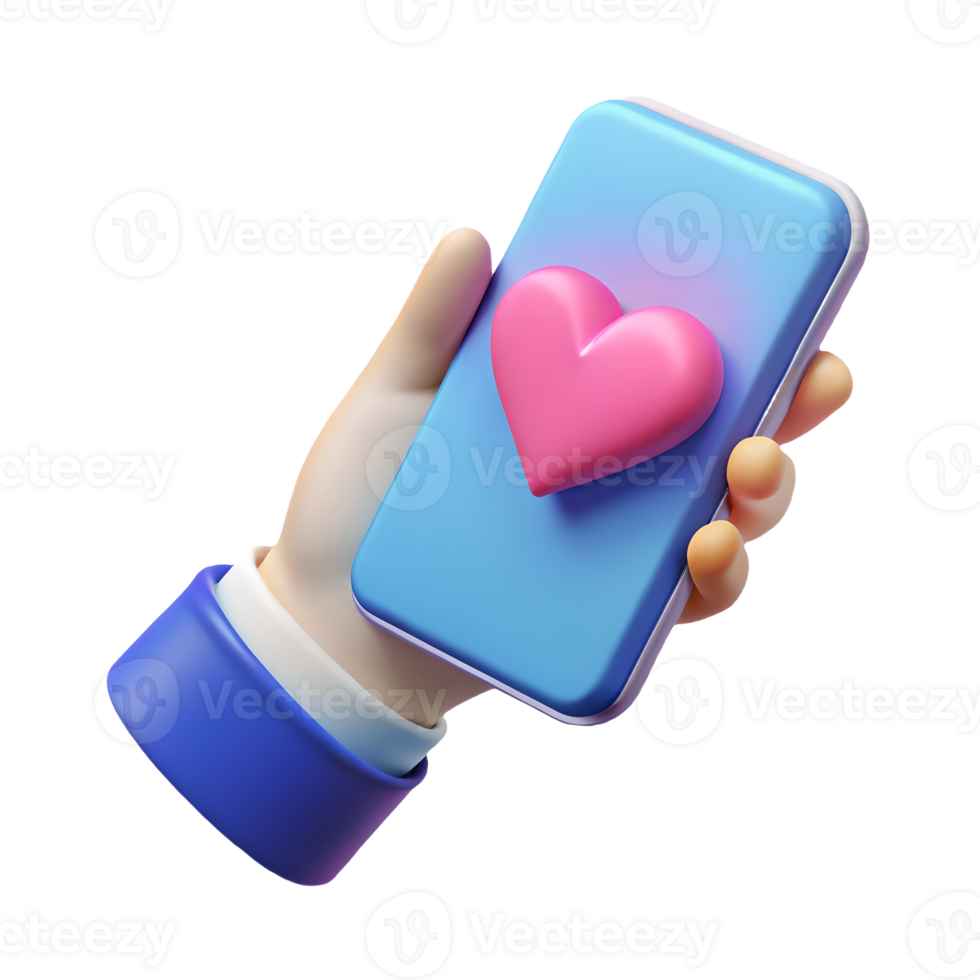 3D hand holding a blue smartphone with a pink heart icon on screen symbolizing love and connection in the digital age on a transparent background png