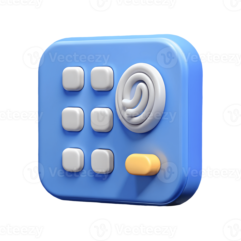 3D blue app icon with a grid of buttons an ear symbol and a yellow switch on a transparent background png