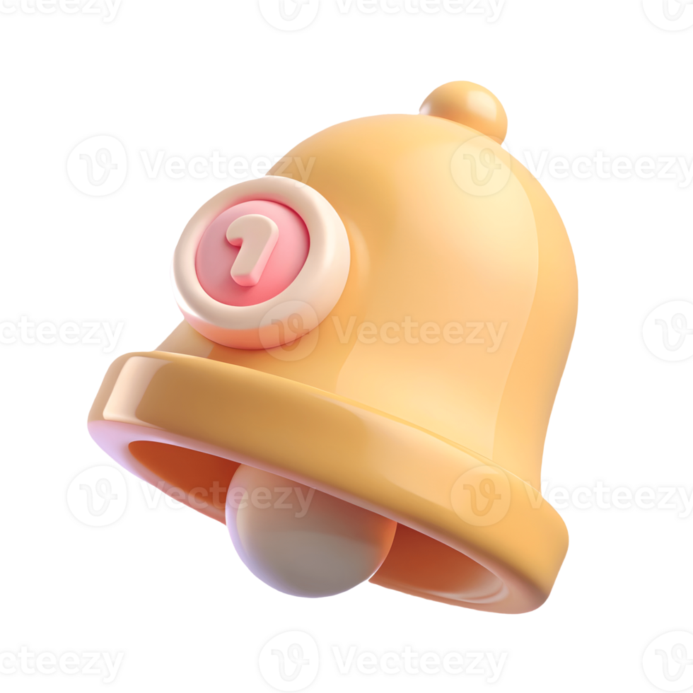 3D glossy yellow bell icon with a pink and white notification badge showing the number one on a transparent background png