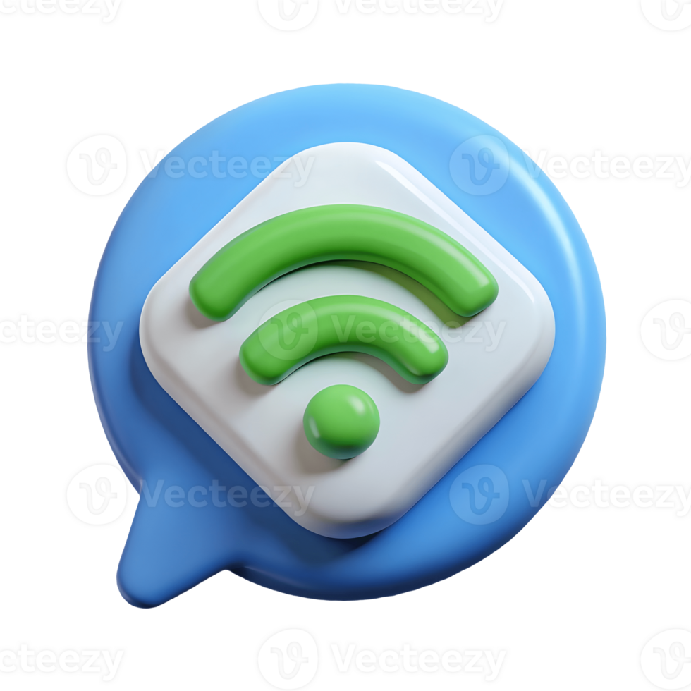 3D Wi Fi icon with a green signal wave on a white square nestled in a blue speech bubble on a transparent background png