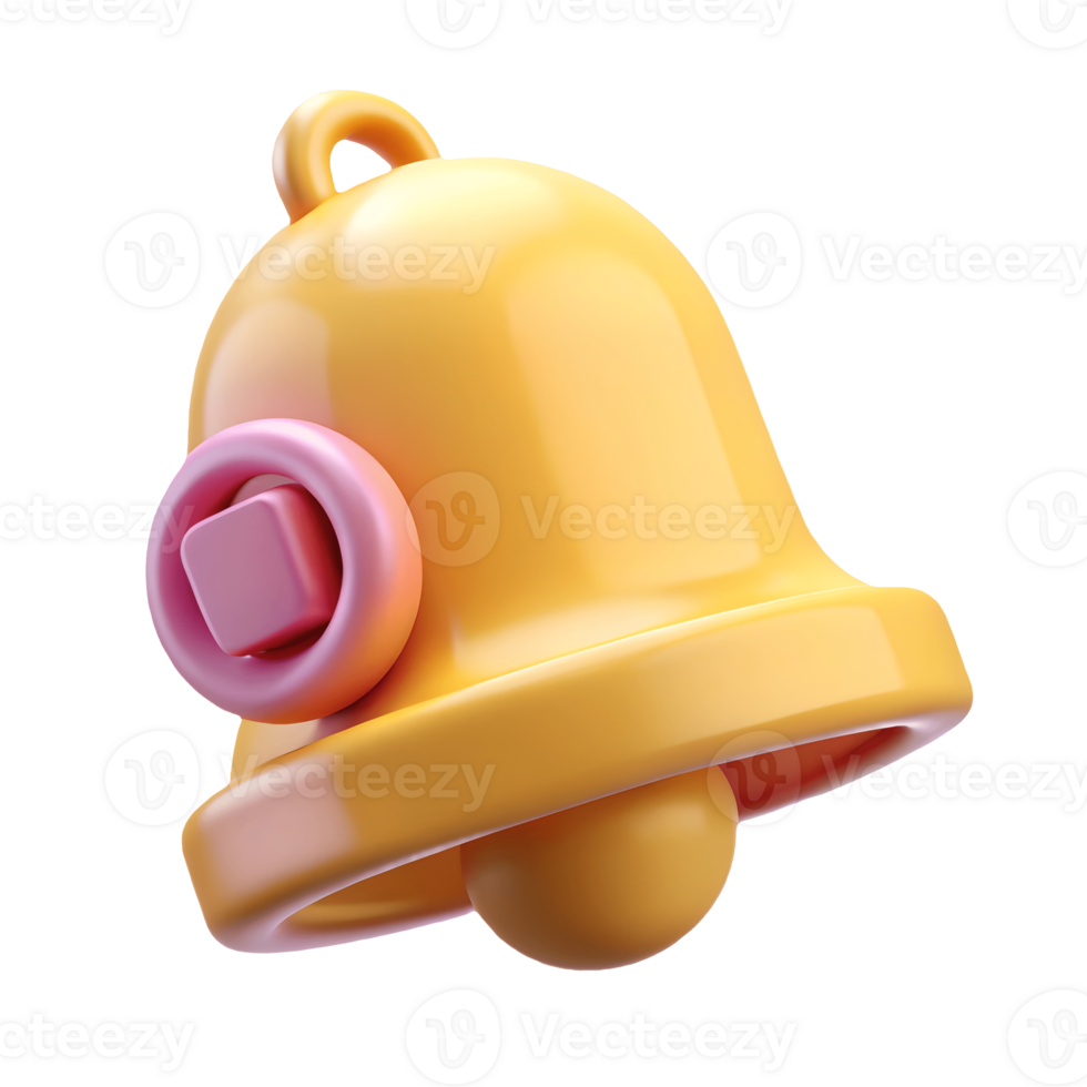3D glossy yellow bell icon with a pink checkmark symbol perfect for notification or alert concepts on a transparent background png