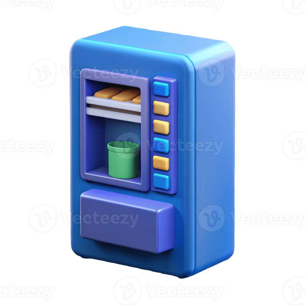 A vibrant blue and purple vending machine with colorful buttons and a green cup filled with snacks on a transparent background png
