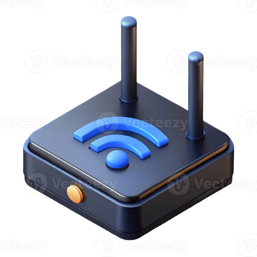 Modern black Wi Fi router with blue signal icon and dual antennas modem on a transparent background png