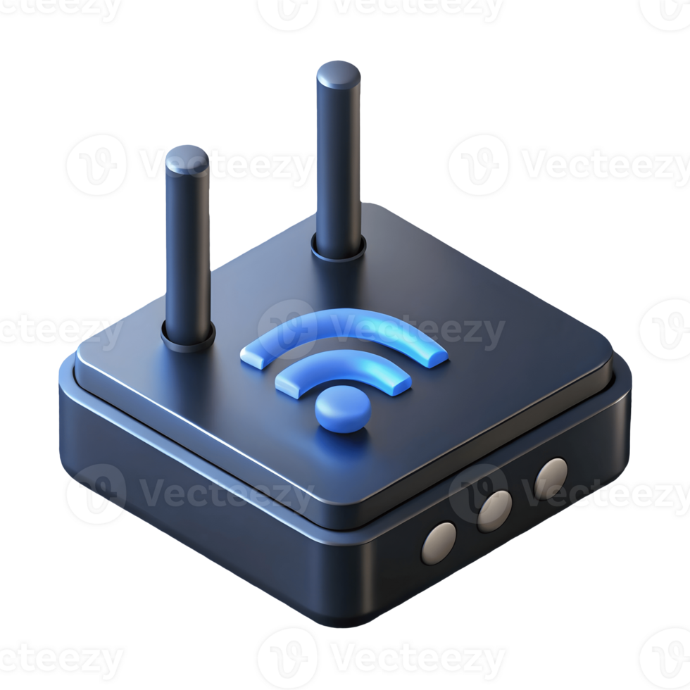 Modern black Wi Fi router with blue signal icon and dual antennas connection on a transparent background png