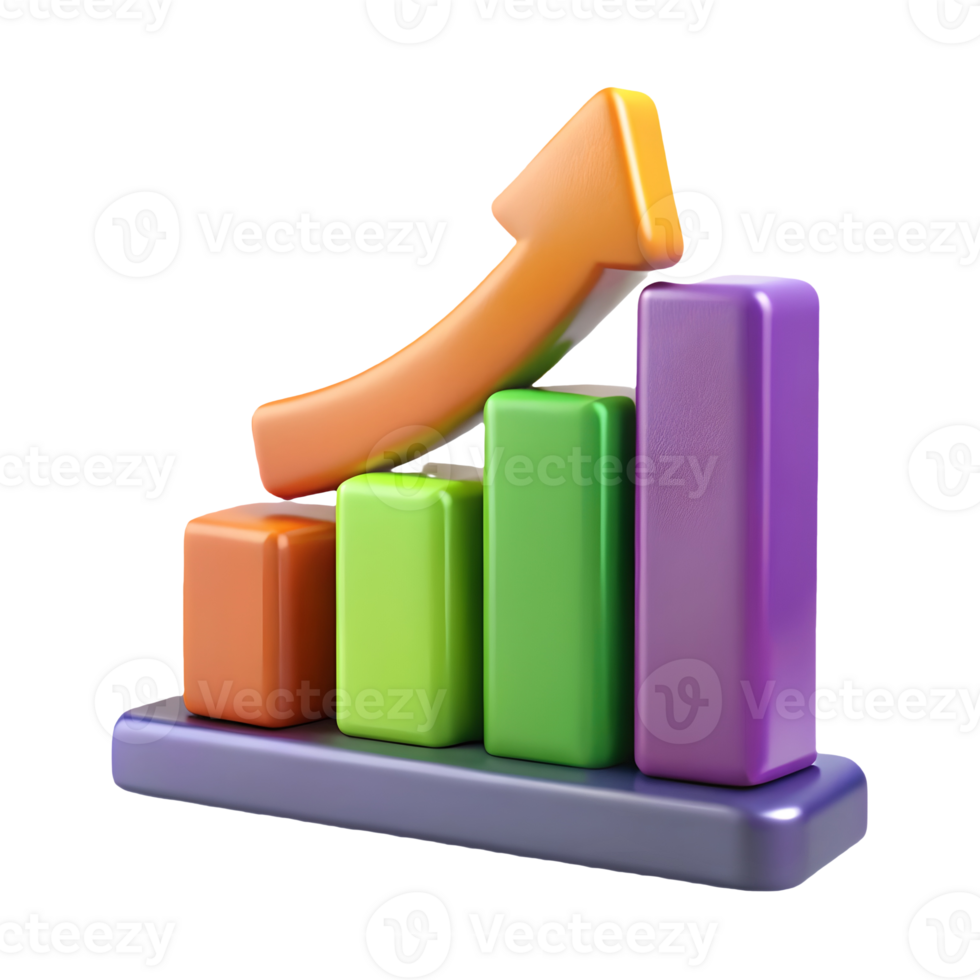 3D Colorful Bar Graph with Upward Arrow Showing Growth and Progress and growth on a transparent background png