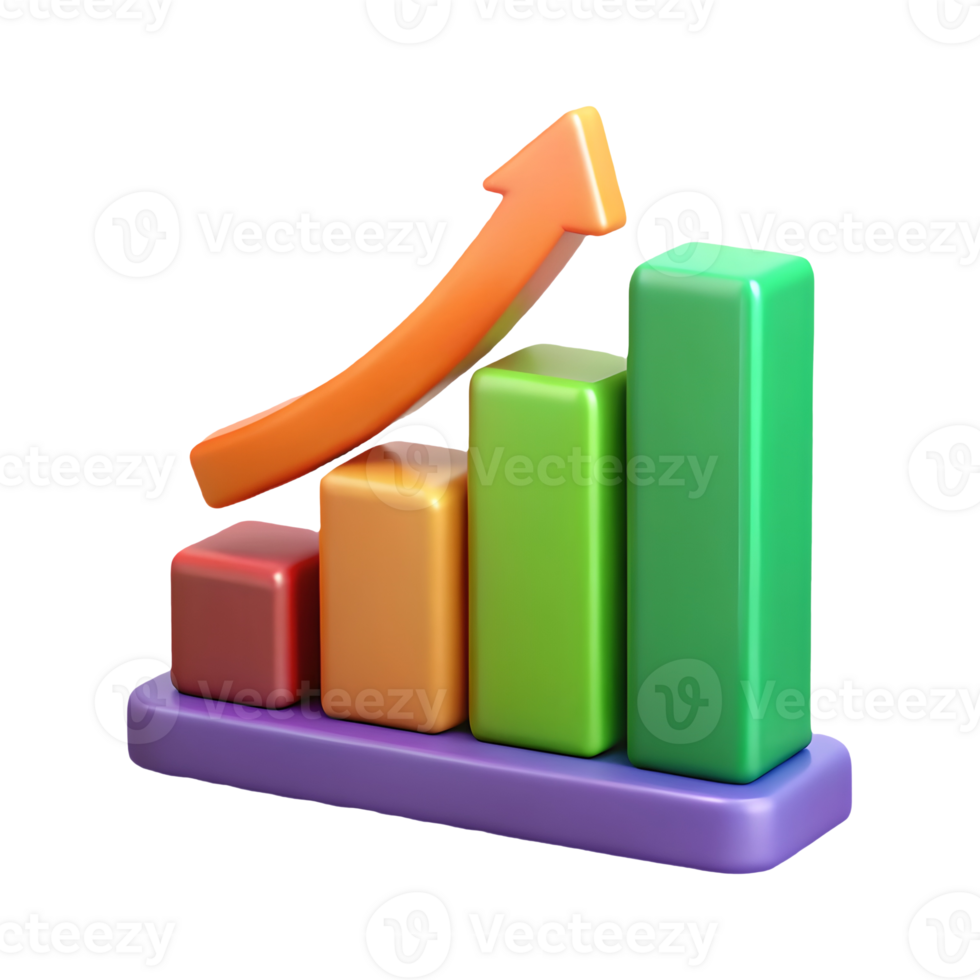 3D Colorful Bar Graph with Upward Arrow Progress and Growth Concept on a transparent background png