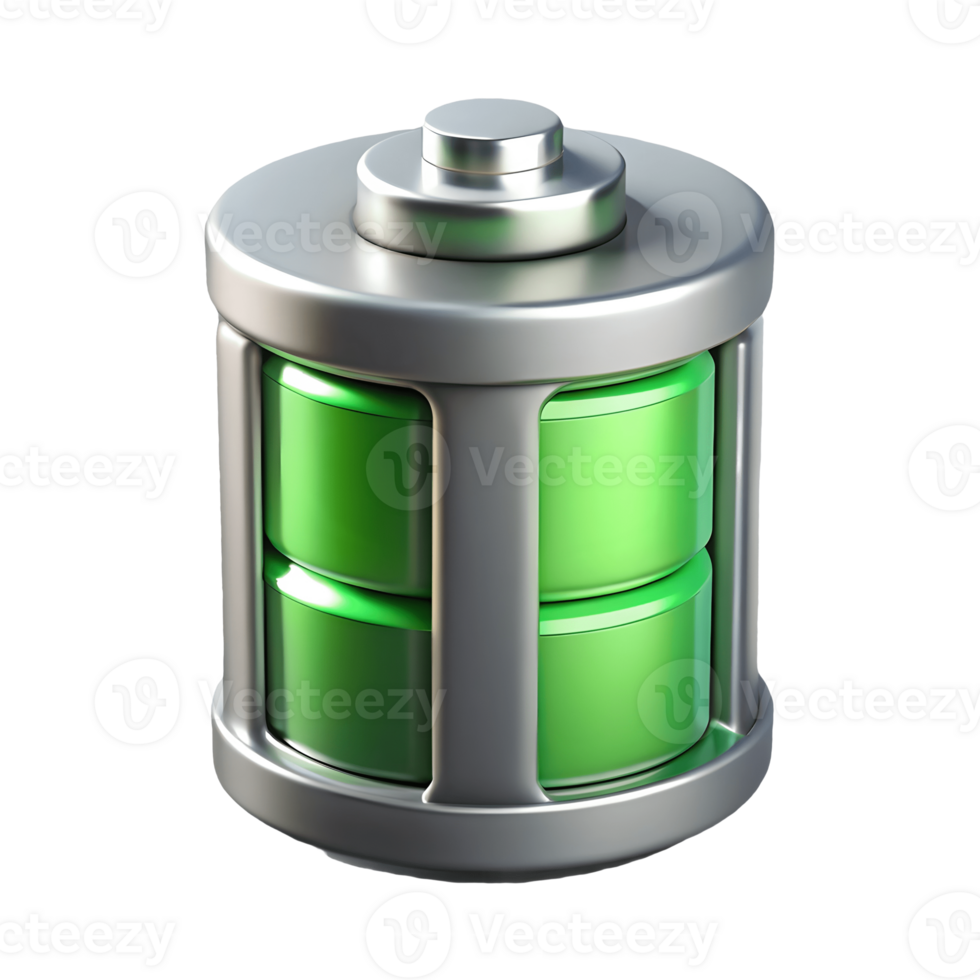 High capacity green battery with metallic casing symbolizing renewable energy and sustainability on a transparent background png