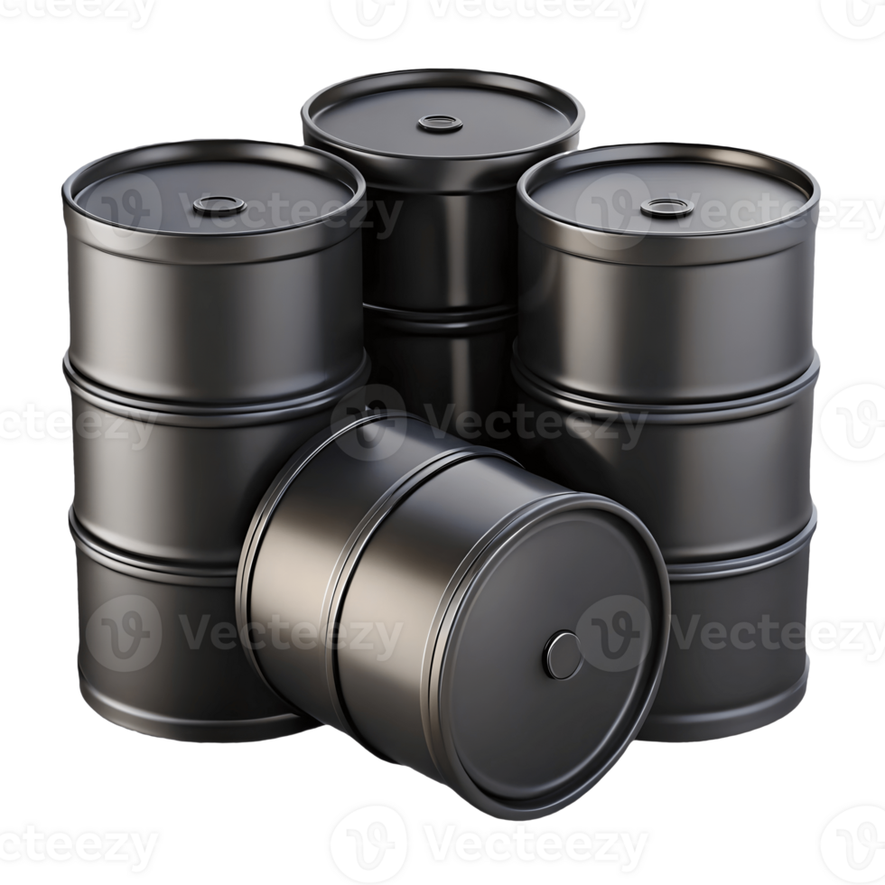 Four black metal oil drums stacked and one lying down on a transparent background png