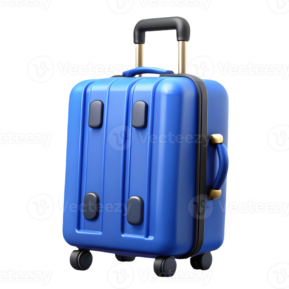 Blue rolling suitcase with a shiny finish and gold accents perfect for travel isolated on a transparent background png