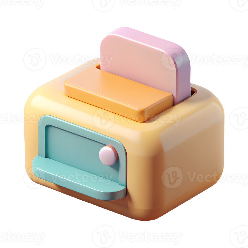Colorful 3D toaster with pastel pink and blue accents popping out two slices of bread on a transparent background png