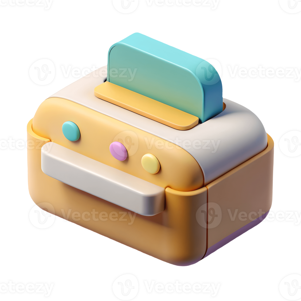 Colorful 3D toaster with pastel buttons and a blue slice of bread emerging on a transparent background png