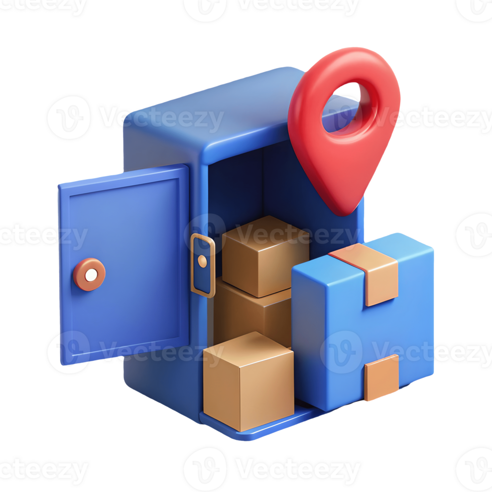 3D illustration of a blue locker with packages and a red location pin symbolizing secure delivery service on a transparent background png