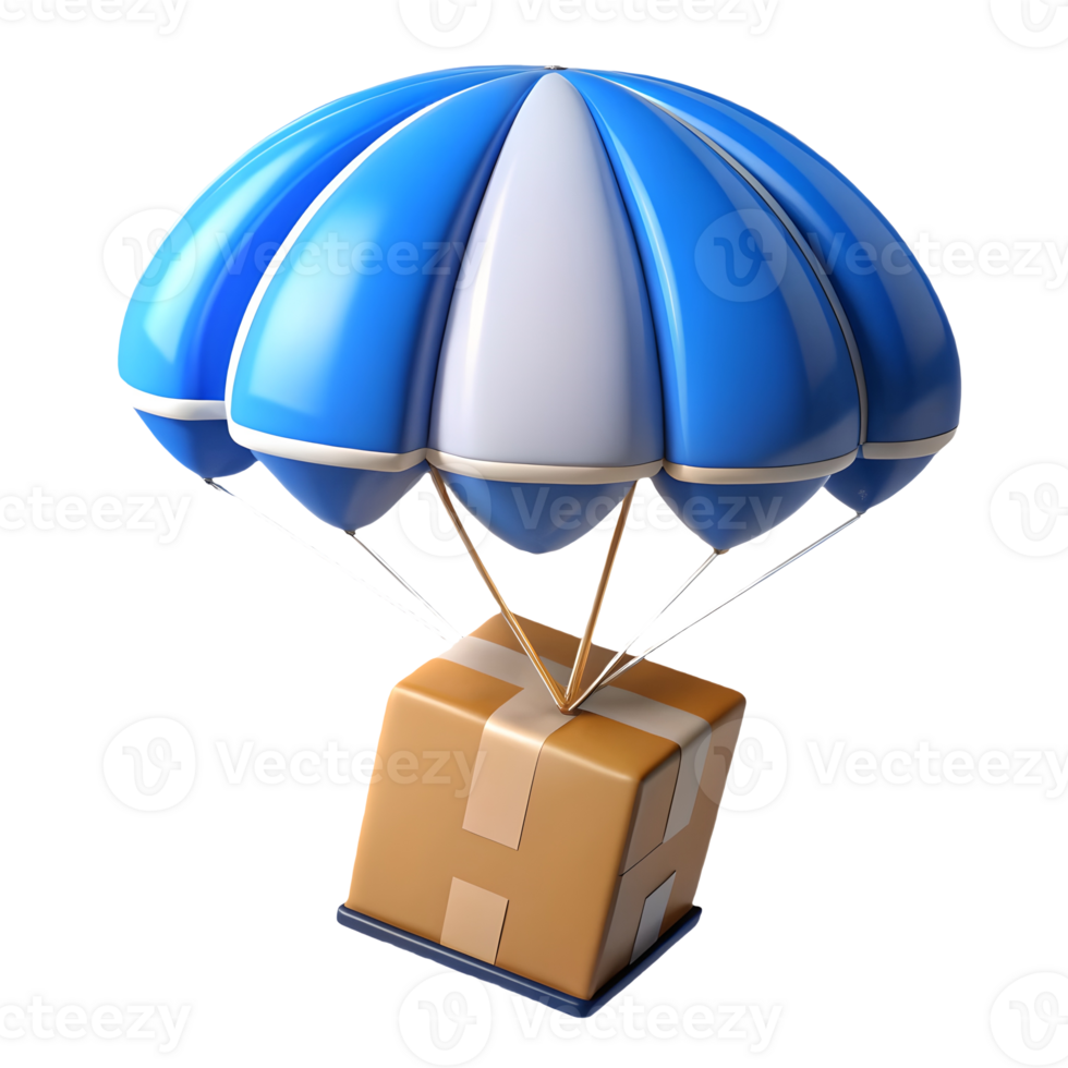 Blue parachute delivering a cardboard box perfect for logistics and shipping concepts on a transparent background png