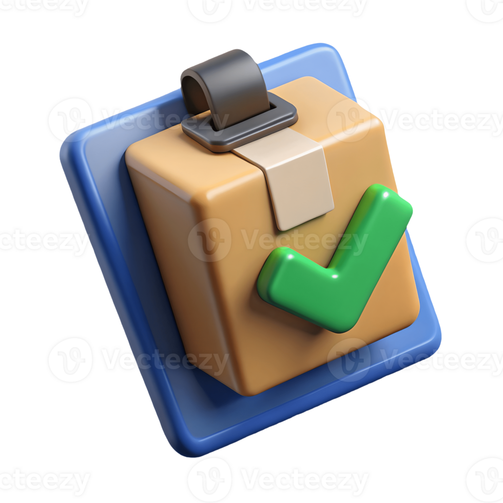 3D illustration of a cardboard box with a green checkmark on a blue clipboard symbolizing approved or verified package on a transparent background png