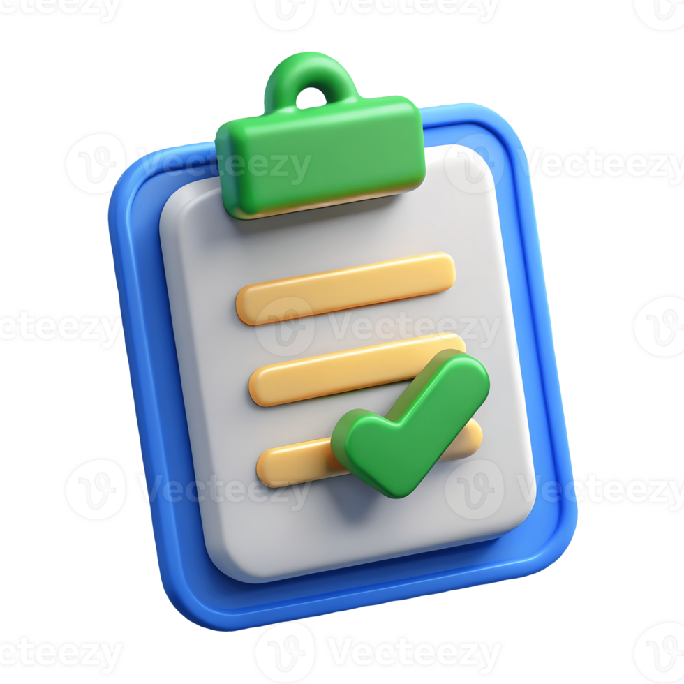 3D clipboard with a green checkmark and yellow lines on a transparent background png