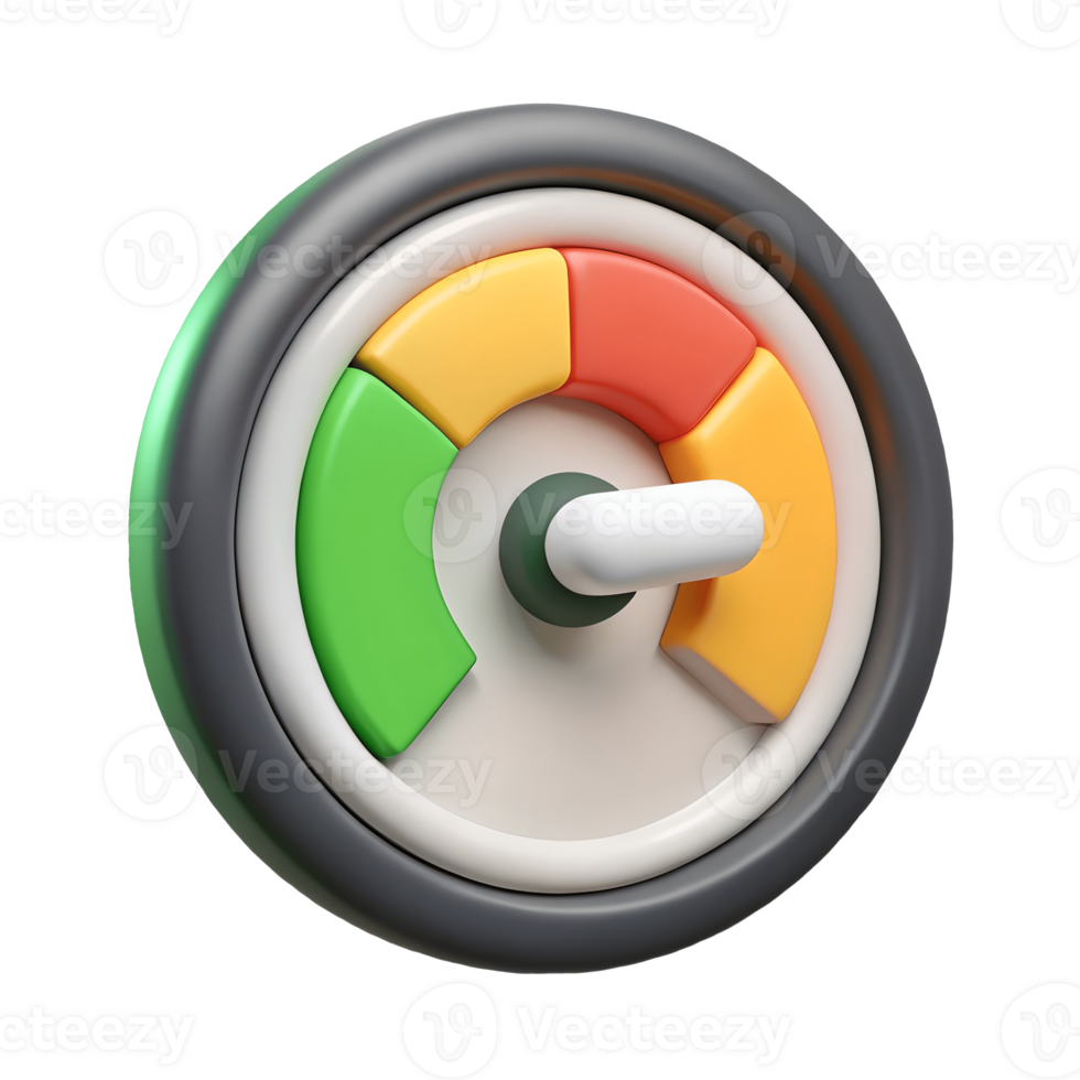 Colorful 3D gauge with green yellow and red sections pointing to yellow indicating a medium level on a transparent background png