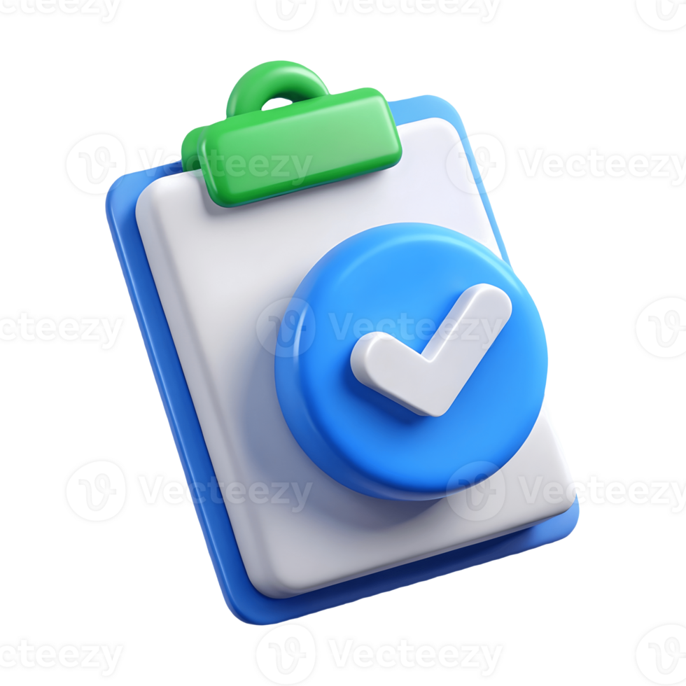 3D clipboard with a green clip and blue checkmark symbolizing completion or approval on a transparent background png