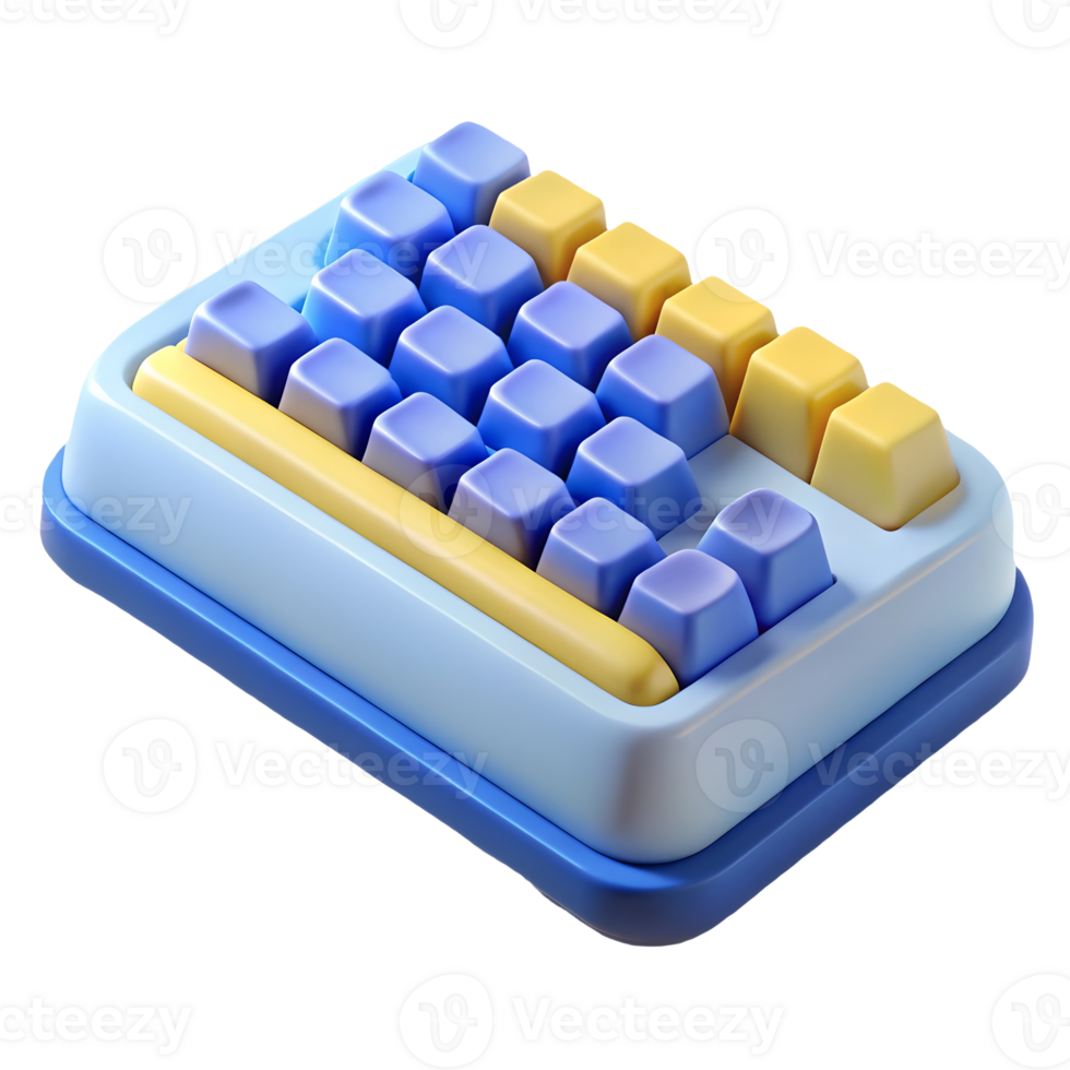 Colorful 3D rendered calculator with blue and yellow keys on a transparent background png
