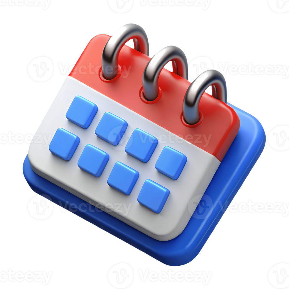 3D Rendered Modern Calendar Icon with Blue and Red Design on a transparent background png