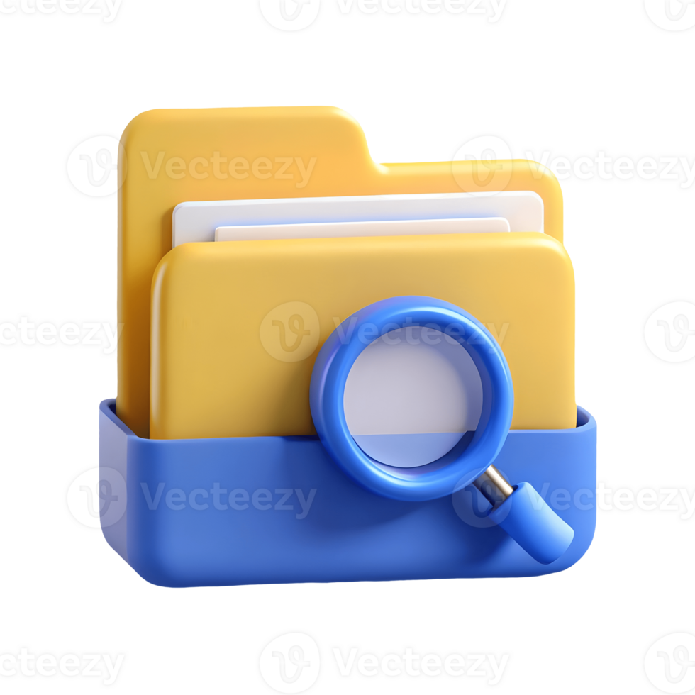 3D illustration of a yellow folder with documents and a blue magnifying glass symbolizing search or file management on a transparent background png