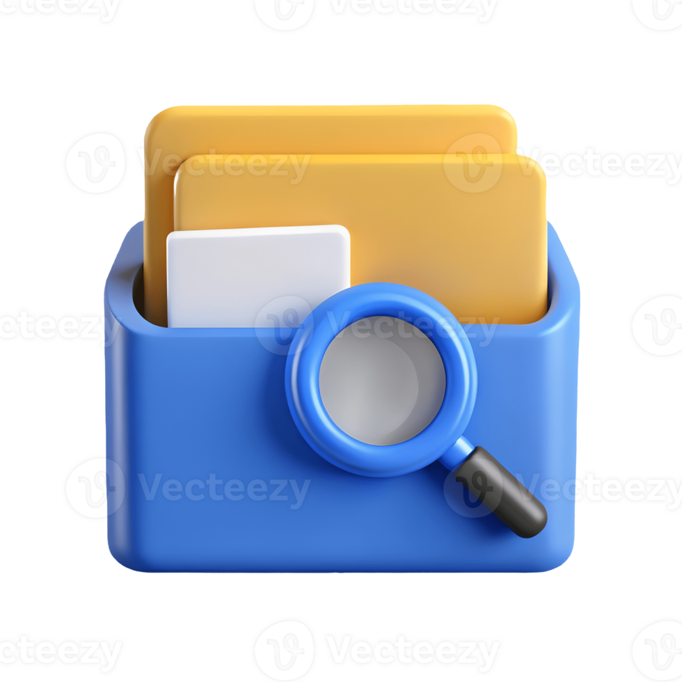 3D illustration of a blue folder with yellow and white documents featuring a magnifying glass for search functionality on a transparent background png