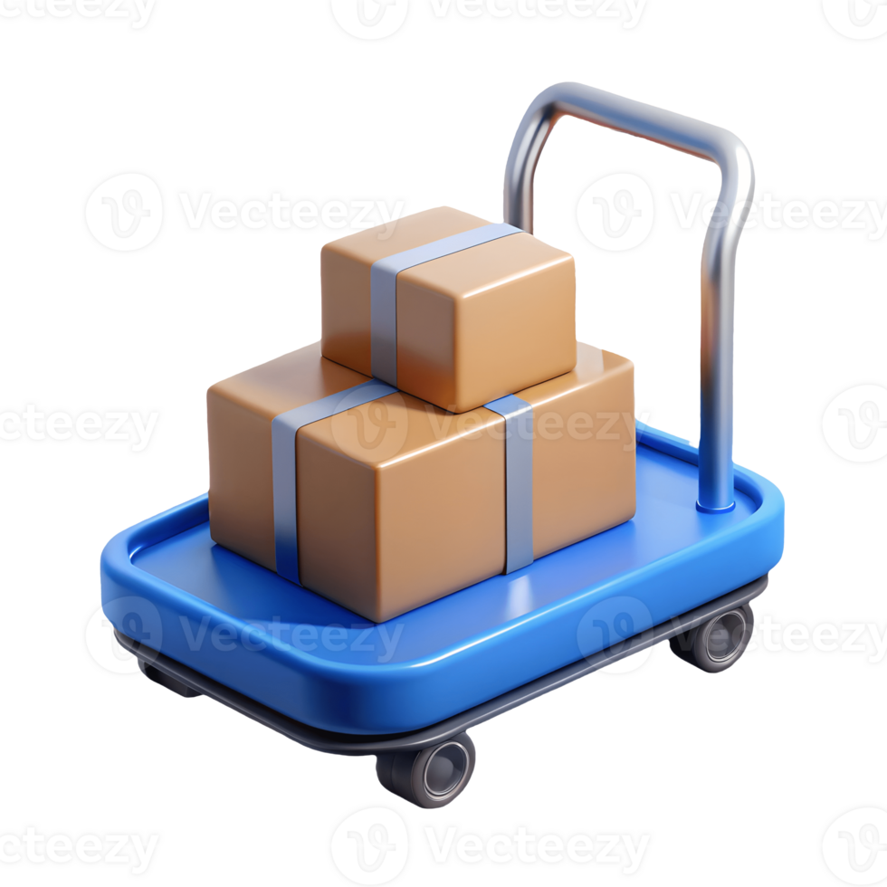 Blue hand truck with two stacked cardboard boxes on a transparent background png