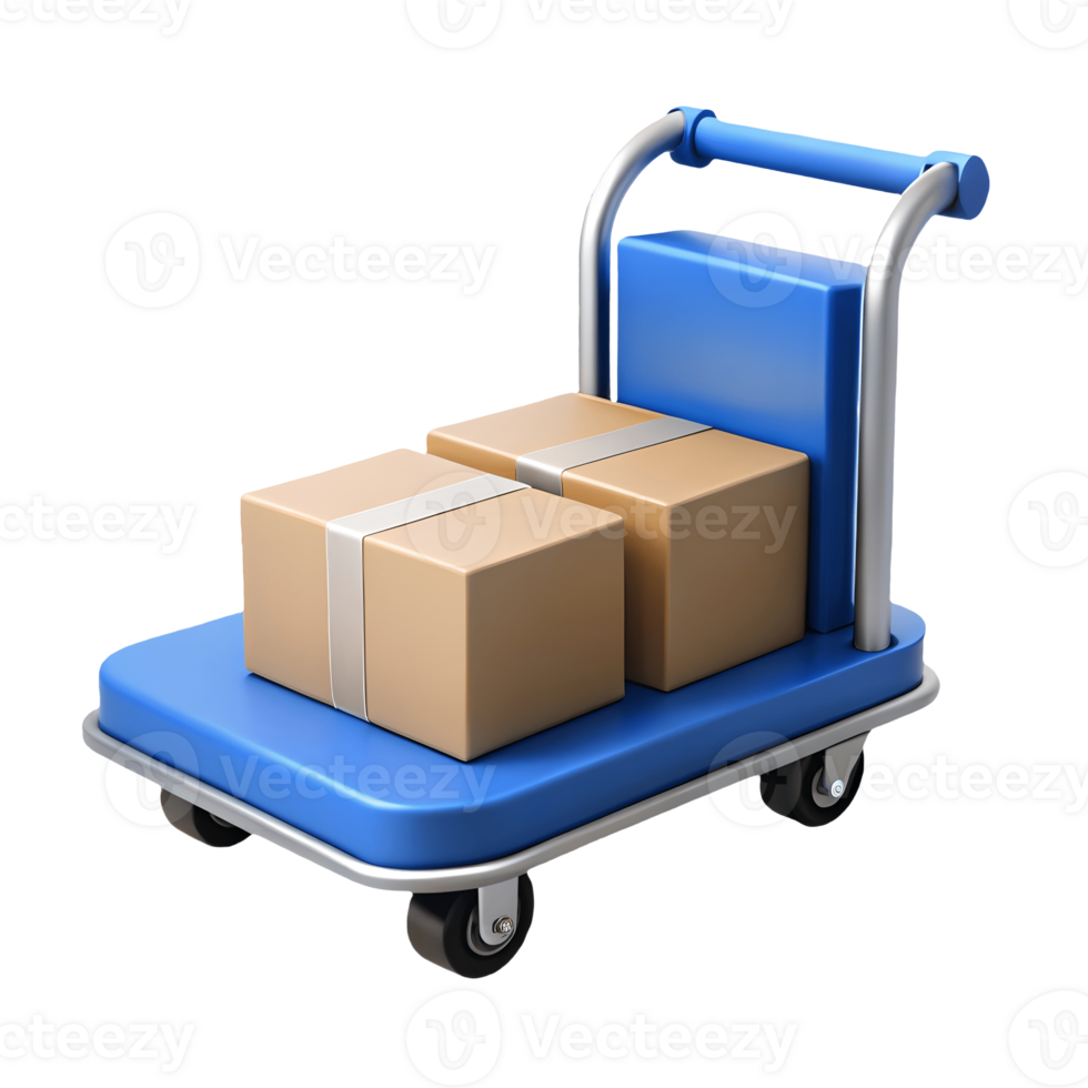 Blue luggage cart with cardboard boxes on a transparent background png