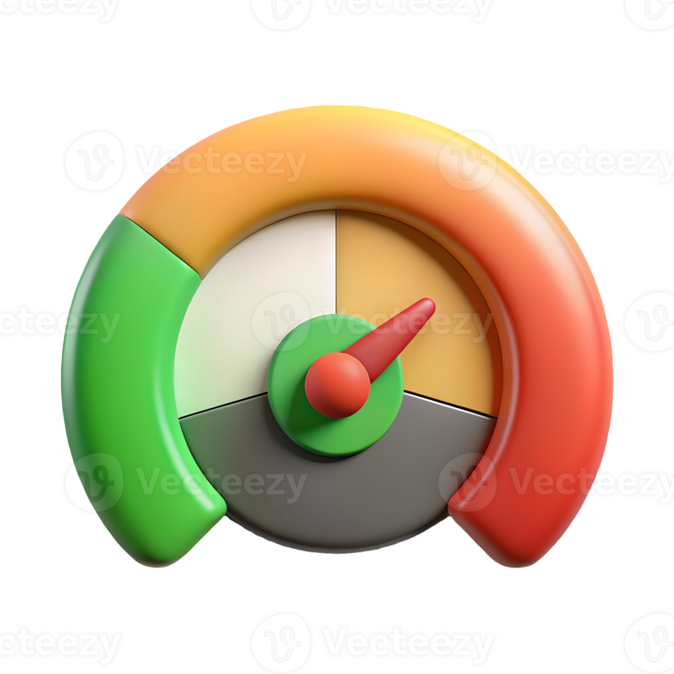 Colorful 3D gauge with green yellow and red sections indicating performance levels on a transparent background png