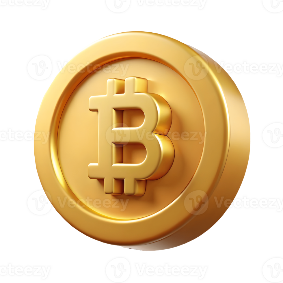Golden Bitcoin symbol on a shiny reflective coin isolated on a transparent background png