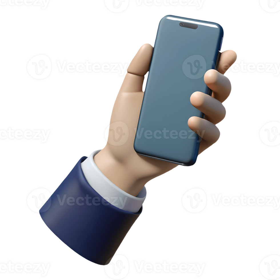 3D rendered hand in a navy suit sleeve holding a modern smartphone with a blank screen on a transparent background png