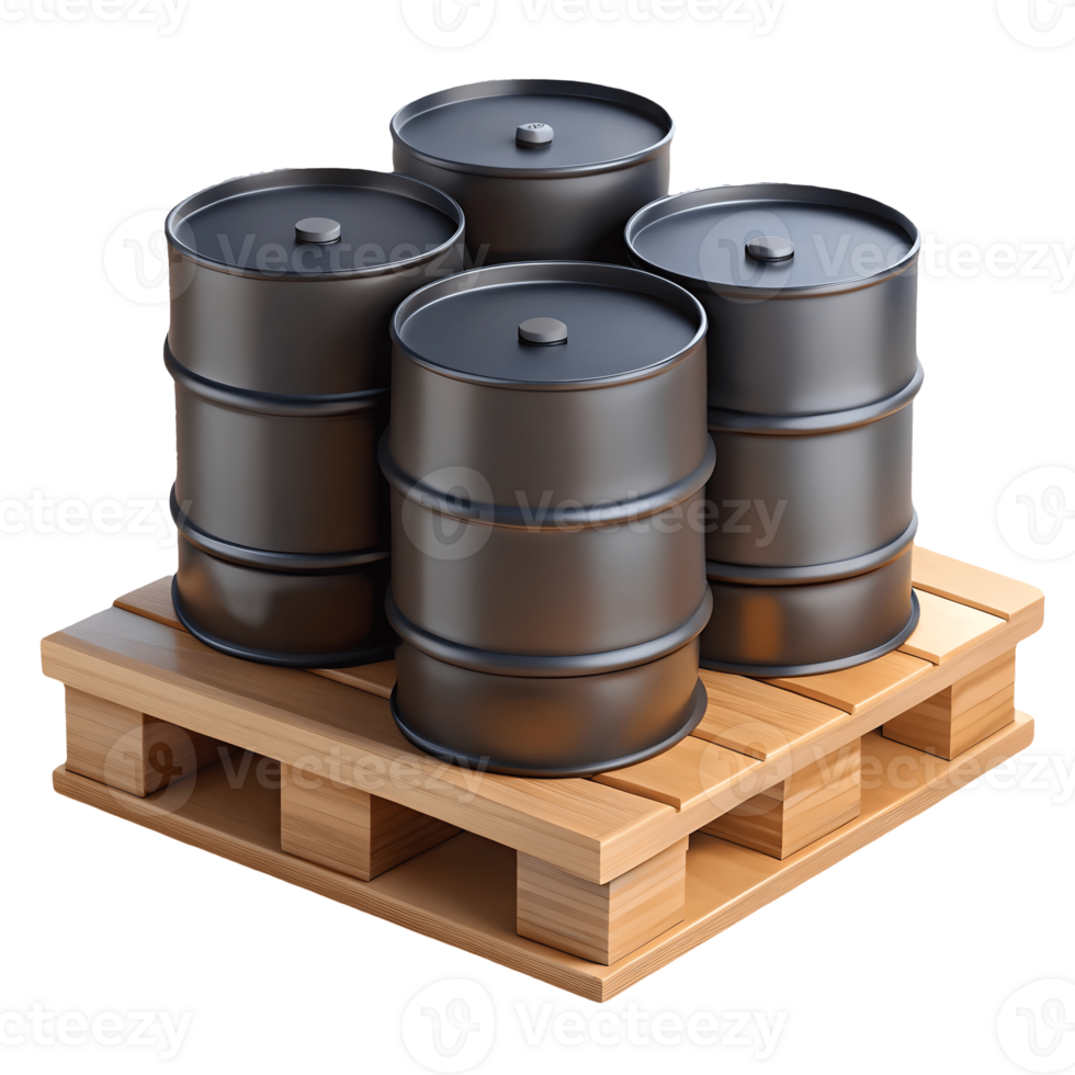 Four black metal oil drums on a wooden pallet isolated on a transparent background png