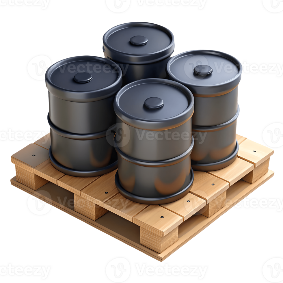 Four black metal barrels neatly arranged on a wooden pallet ideal for industrial and storage concepts on a transparent background png