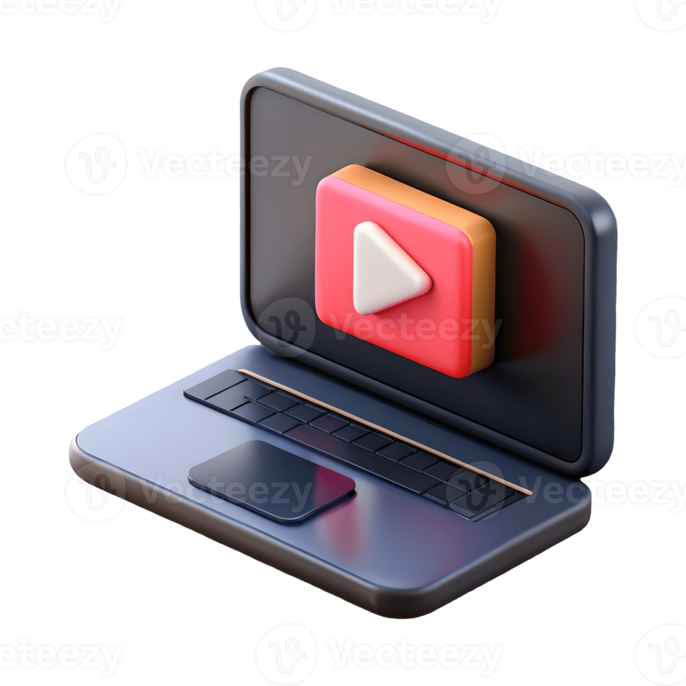 3D Rendered Laptop with Play Button Icon on Screen Isolated on transparent background png