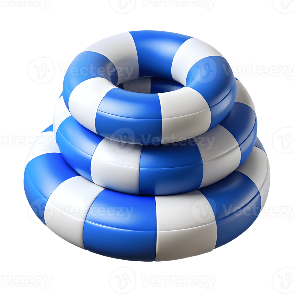 Three stacked blue and white striped life rings on a transparent background png
