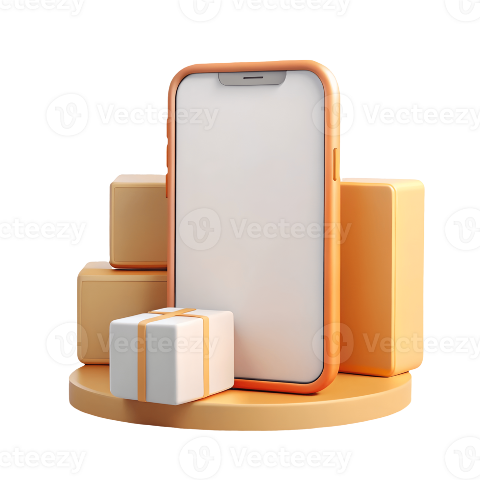 Modern smartphone mockup with gift box and packages on a round platform ideal for showcasing app designs or digital products on a transparent background png