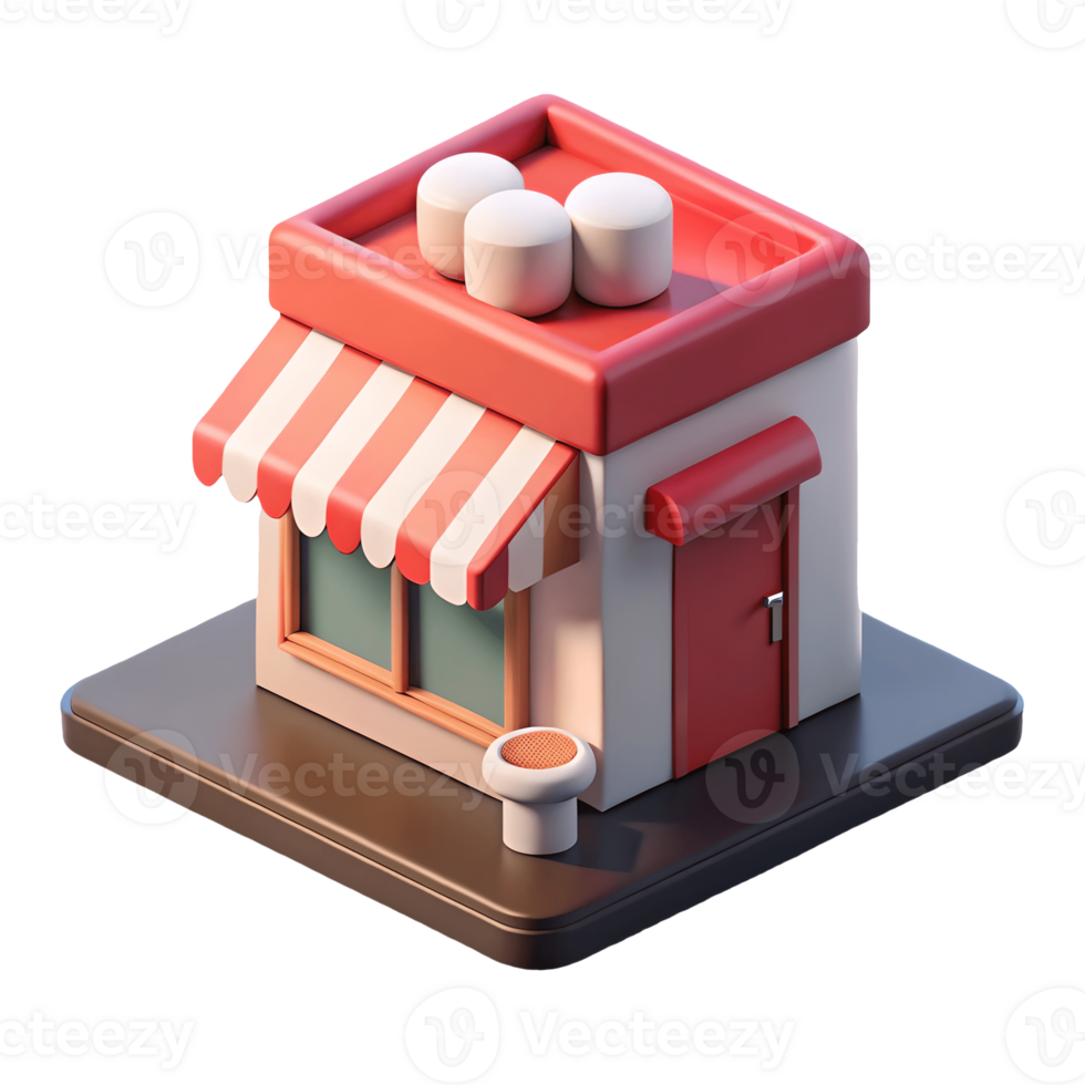 Charming 3D rendered miniature storefront with a red and white striped awning perfect for illustrating small businesses or shops in digital designs on a transparent background png